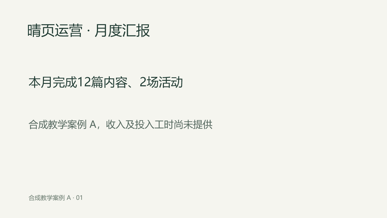 晴页运营 · 月度汇报；本月完成12篇内容、2场活动。合成教学案例，收入及投入工时未提供。